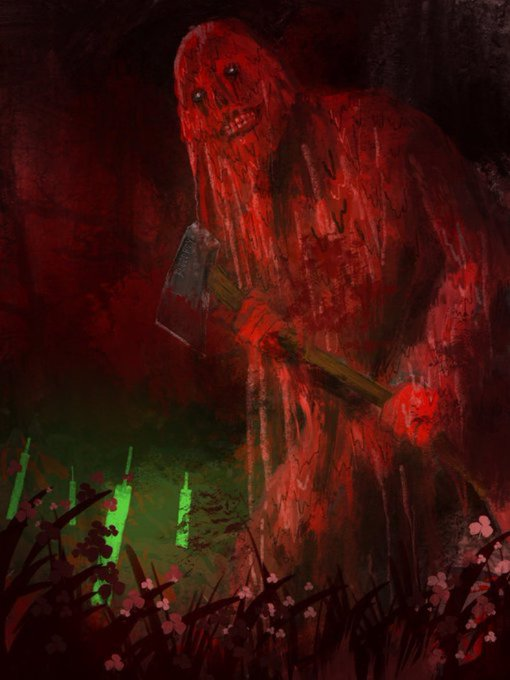Bloodboy in the garden with an axe